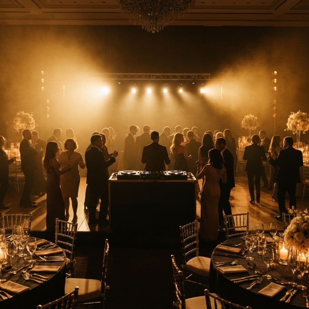 Luxury event with dramatic golden lighting and elegant atmosphere
